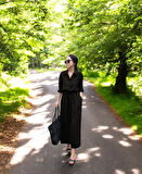 Keten Günlük Rahat Beli Bağcık Detaylı Uzun Kol Elbise