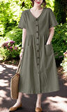 Tasarım Keten Günlük Rahat V Yaka Beli Büzgü Detaylı Düğmeli Elbise
