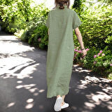 Tam Boy Kısa Kollu Keten Elbise