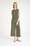 Keten Yazlık Yüksel Bel Capri Pantolon Sırt Detaylı Kolsuz Haki İkili Takım