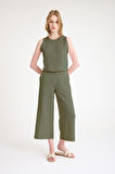 Keten Yazlık Yüksel Bel Capri Pantolon Sırt Detaylı Kolsuz Haki İkili Takım