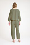 Keten Günlük Rahat Beli Kemerli Kadın İkili Takım Haki Alt Üst