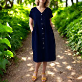 Yazlık Kısa Kol V Yaka Keten Elbise