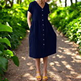 Yazlık Kısa Kol V Yaka Keten Elbise