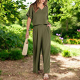 Yazlık Rahat V Yaka Keten Takım