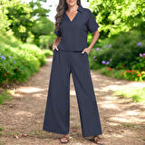 Yazlık V Yaka Rahat Keten Takım