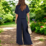 Yazlık V Yaka Rahat Keten Takım