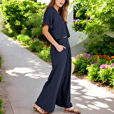 Yazlık V Yaka Rahat Keten Takım