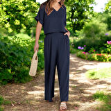 Yazlık V Yaka Rahat Keten Takım