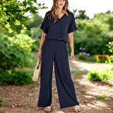 Yazlık V Yaka Rahat Keten Takım