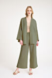 Keten Kadın Salaş Kimono İkili Haki Takım