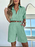 Yazlık Uzun Kol Gömlek Şort İkili Su Yeşili Keten Takım