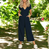 V Yaka Kısa Paça Keten Tulum