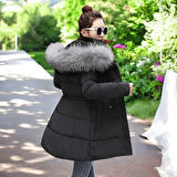 Orta Boy Kürklü Kapüşonlu Su Geçirmez Kadın Siyah Mont