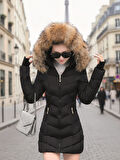 Kışlık Eldivenli Kapüşonu Kürklü Kadın Şişme Mont