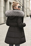 Kışlık Orta Boy Kürklü Kapüşonlu Su Geçirmez Kadın Şişme Mont