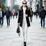 Suni Kürk Yaka Orta Boy Kışlık Kadın Siyah Mont