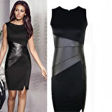 Günlük Deri Detaylı Kolsuz Kadın Elbise