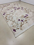 Elit Saçaklı Lila Kahve Çiçekli Kabartmalı Kaymaz Taban Yıkanabilir Kesme Yolluk Halı