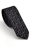 Beyaz Karışık Desenli Siyah Dokuma Kumaş Mendilli Slim Fit Kravat // SDK230901