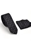 Beyaz Karışık Desenli Siyah Dokuma Kumaş Mendilli Slim Fit Kravat // SDK230901