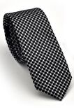 Beyaz Kaz Ayağı Desenli Siyah Dokuma Kumaş Mendilli Slim Fit Kravat // SDK230903