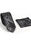Gri Siyah Küp Desenli Dokuma Kumaş Mendilli Slim Fit Kravat // SDK230910