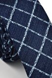 Mavi Kare ve Kırcıllı Desenli Lacivert Dokuma Kumaş Mendilli Slim Fit Kravat // SDK230912