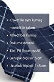 Pembe Noktalı Puantiye Desenli Gri Dokuma Kumaş Mendilli Slim Fit Kravat // SDK230914