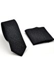 Füme Kırcıl Desenli Siyah Dokuma Kumaş Mendilli Slim Fit Kravat // SDK230916