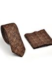 Bej Kırcıl Desenli Kahverengi Dokuma Kumaş Mendilli Slim Fit Kravat // SDK230920