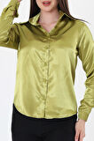 Kadın Hafif Dökümlü Yağ Yeşil Saten Gömlek