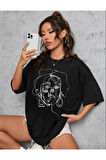 MoonLife Kadın Kırmızı Yüz Baskı Detaylı Oversize T-shirt kırmızırenklileryüzdetaylı