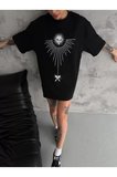 Unisex Bisiklet Yaka Baskılı Oversize T-Shirt - Siyah