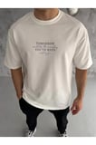 Unisex Bisiklet Yaka Baskılı Oversize T-Shirt - Beyaz