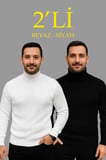 Erkek Fitilli Triko Kazak 2li Set Beyaz Siyah Regular Balıkcı Yaka Tam Boğazlı Triko Seti 