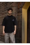 Unisex Bisiklet Yaka Baskılı Oversize T-Shirt - Siyah