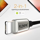 Floveme 2in1 Tek Kabloda Ligtning ve Mikro Usb Bir Arada Kablo 2.4A 100Cm Cep Telefonu Şarj Kablosu