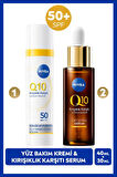 Q10 SPF50 Güneş Koruyucu Yüz Bakım Kremi 40ml ve Kırışıklık Karşıtı Çift Etkili Cilt Serumu 30ml