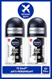 MEN Erkek Roll-on Deodorant Black&White Invisible Original 25ml, 72 Saat Anti-perspirant Ter Koruması, Seyahat Boyu, Sarı Leke Karşıtı, Alkolsüz, X2 Adet
