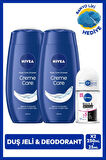 NIVEA Kadın Roll-on Deodorant Black&White Invisible Clear 25ml ve Creme Care Duş Jeli X2 Adet, Lif Hediye, 72 Saat Anti-perspirant Ter Koruması, Avantajlı Paket