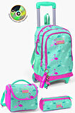 Coral High Kids Su Yeşili Neon Pembe Flamingo Desenli Çekçekli 3'lü Çanta Seti SET0123131