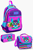 Coral High Kıds Mor Pembe Kedi Desenli 3’lü Okul Çanta Seti SET0123477
