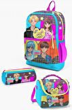 Coral High Kids Gri Mavi Pembe Anime Desenli 3’lü Okul Çanta Seti - Kız Çocuk