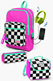 Coral High Kids Neon Pembe Dama Desenli USB'li 3’lü Okul Çanta Seti SET0123801