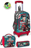 Coral High Kids Gri Nefti Anime Motorsiklet Desenli Üç Bölmeli Çekçekli 3'lü Çanta Seti SET0123964