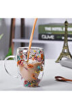 350 ml Isıya Dayanıklı Borosilikat Çift Çidarlı Flower Cup Bardak Çiçekli Kahve Sunum Bardağı