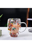 350 ml Isıya Dayanıklı Borosilikat Çift Çidarlı Flower Cup Bardak Çiçekli Kahve Sunum Bardağı