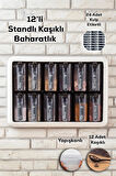 Standlı 12li Baharatlık Takımı Siyah Beyaz Kendinden Yapışkanlı Kaşıklı ve Kapaklı Baharatlık Seti
