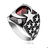 ​Gümüş Kırmızı Kesme Taşlı Ay Yıldız Erkek Yüzük
